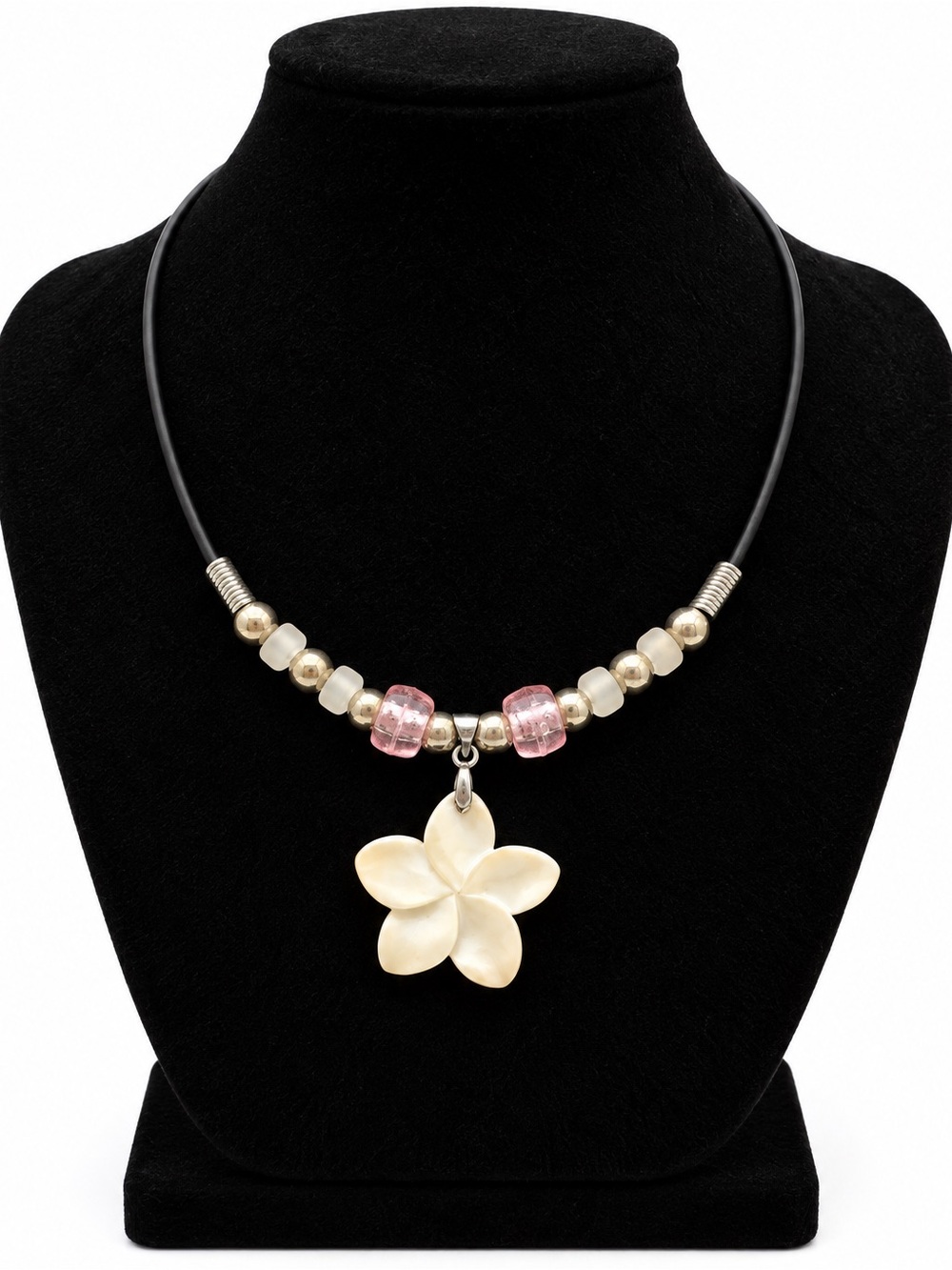 Flower Pendant Necklace Pink White Beads Black Cord Marked 18KGP Fashion Jewelry